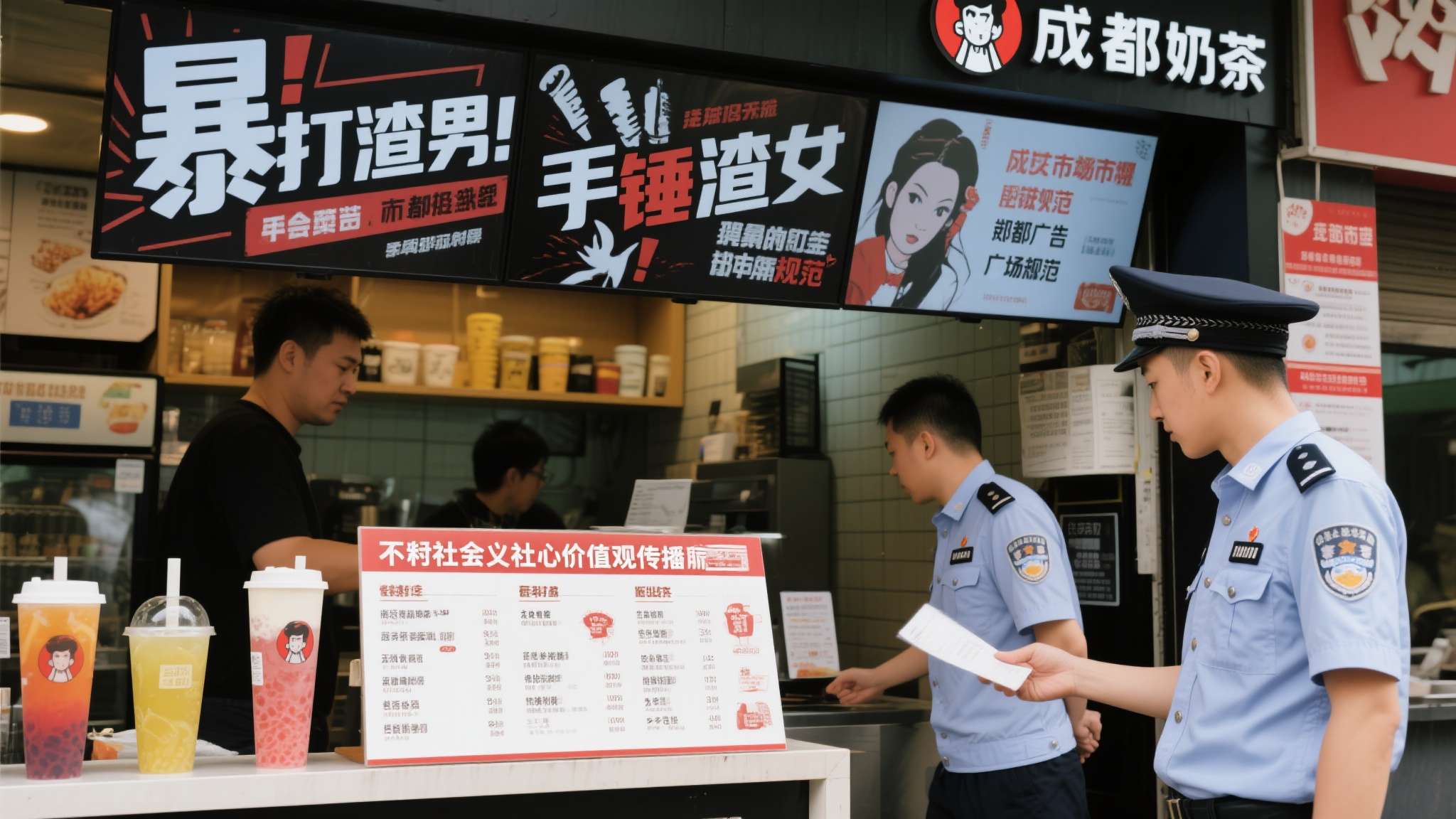 霸王茶姬门店回应手打奶茶 据报道,成都一家奶茶店因在菜单上使用"暴打渣男""手锤渣女"等饮品名称,被当地市